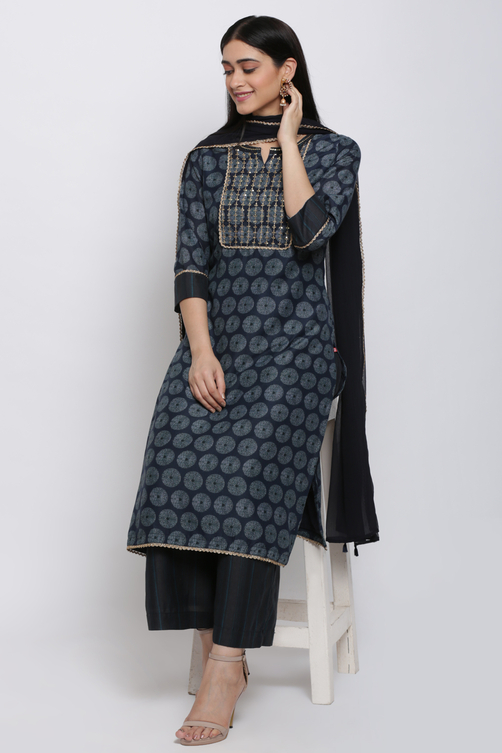 Navy Blue Art Silk Straight Kurta Palazzo Suit Set